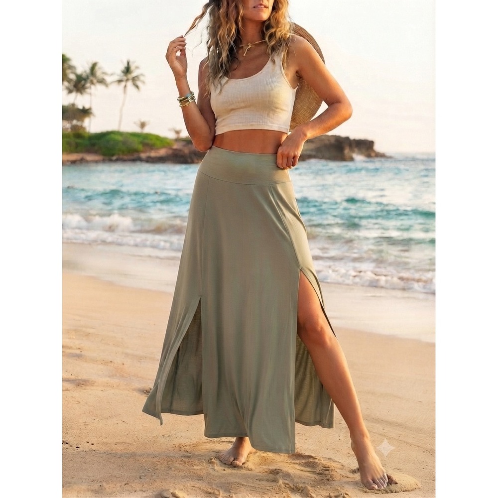 Chico's Vetiver Solid Maxi Skirt Olive Green Jersey Knit Side Slits Sz 2 L 12/14